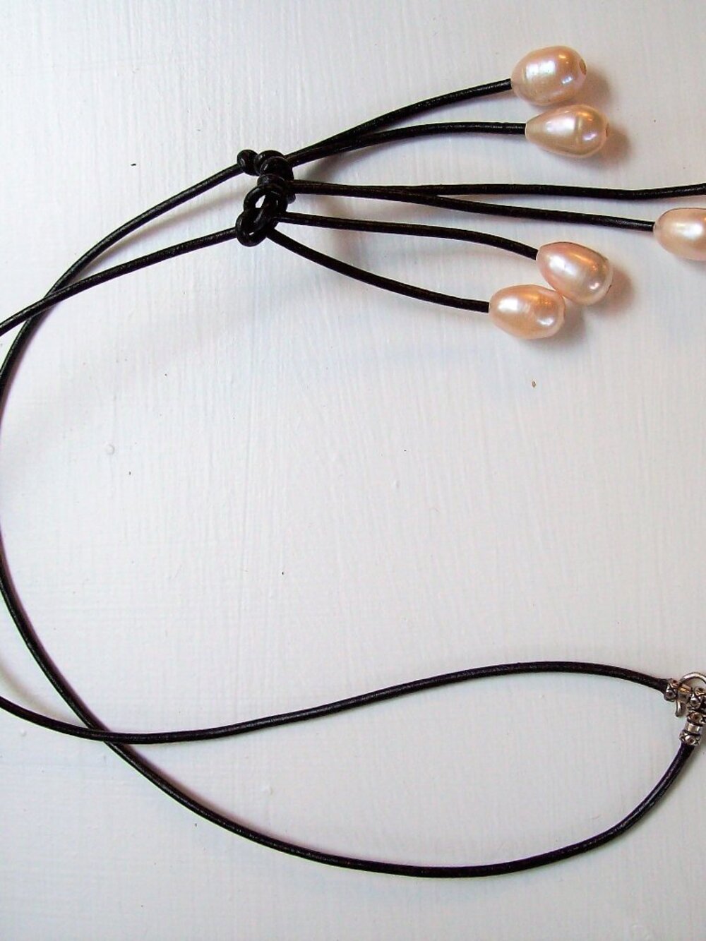 New - Pink Blush Oval Pearls and Black Leather Necklace